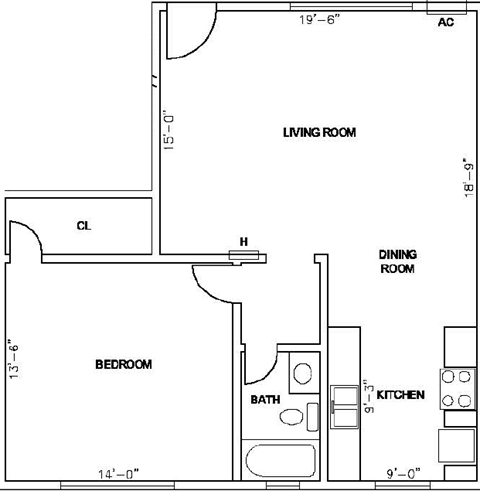 Floor plan for 1 bed, 1 bath, 722 sqft